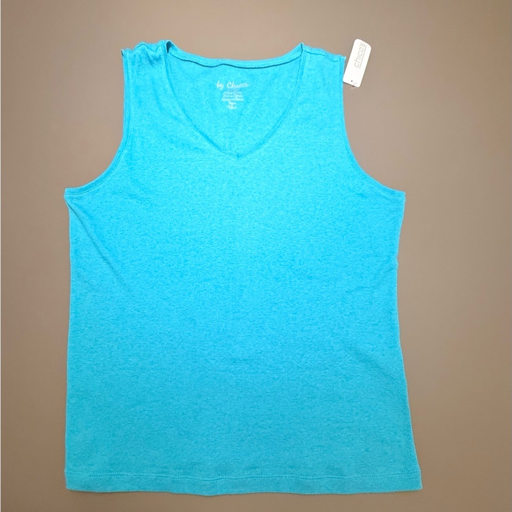 NWT Chico's Blue V-neck 100% Cotton Tank Top Size 2/Large - Picture 2 of 8